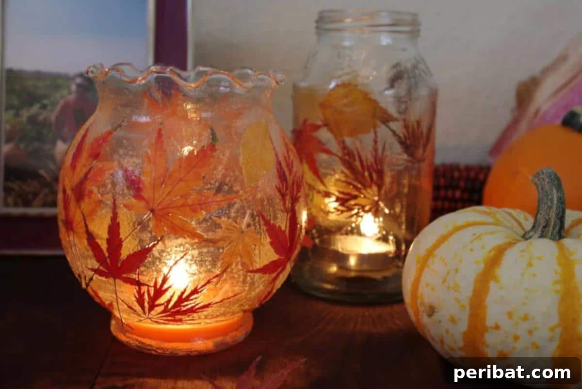 Handcrafted fall leaf lanterns, illuminated from within, showcasing the warm hues of pressed autumn leaves for a magical seasonal glow.
