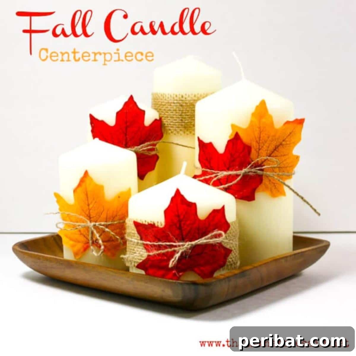 A warm and inviting fall candle centerpiece, featuring candles nestled among autumn leaves, berries, and pinecones, creating a perfect focal point for seasonal decor.