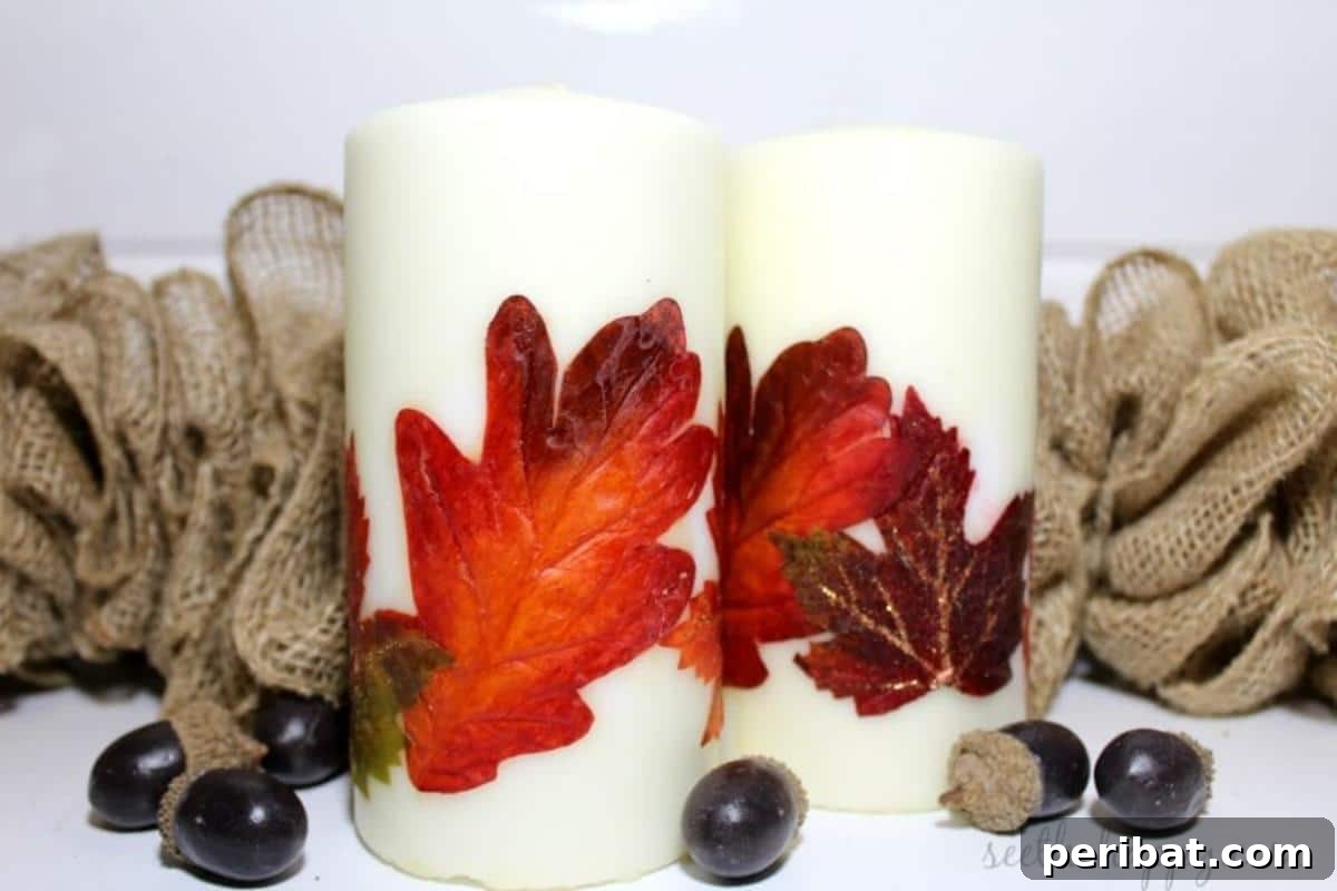 A picturesque and inviting easy fall leaf candle, adorned with real or faux autumn leaves, perfect for bringing the charm and warmth of the season into your home.