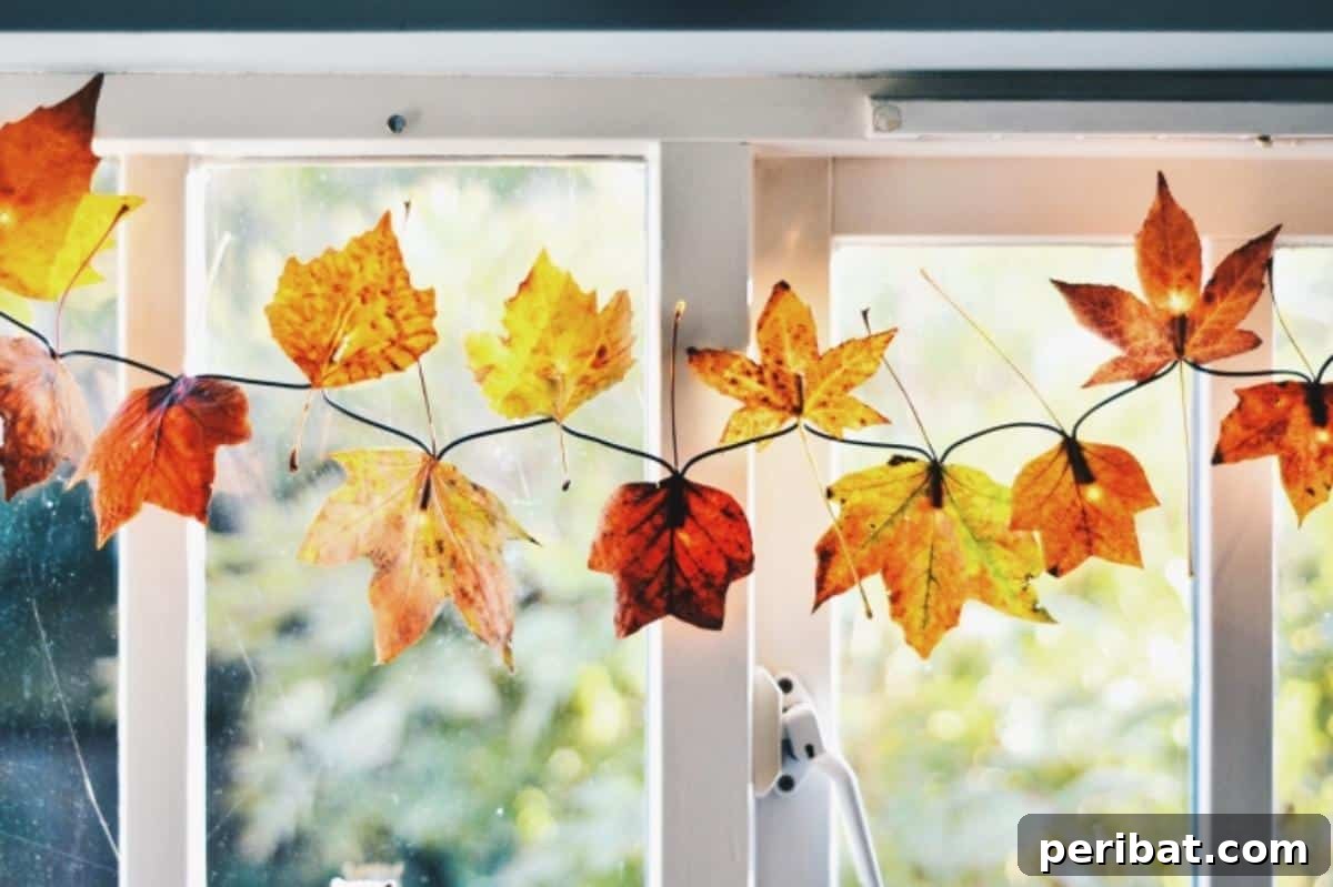 Magical DIY autumn leaf fairy lights, featuring delicate fairy lights adorned with vibrant autumn leaves, casting a soft, enchanting glow perfect for creating a cozy ambiance.