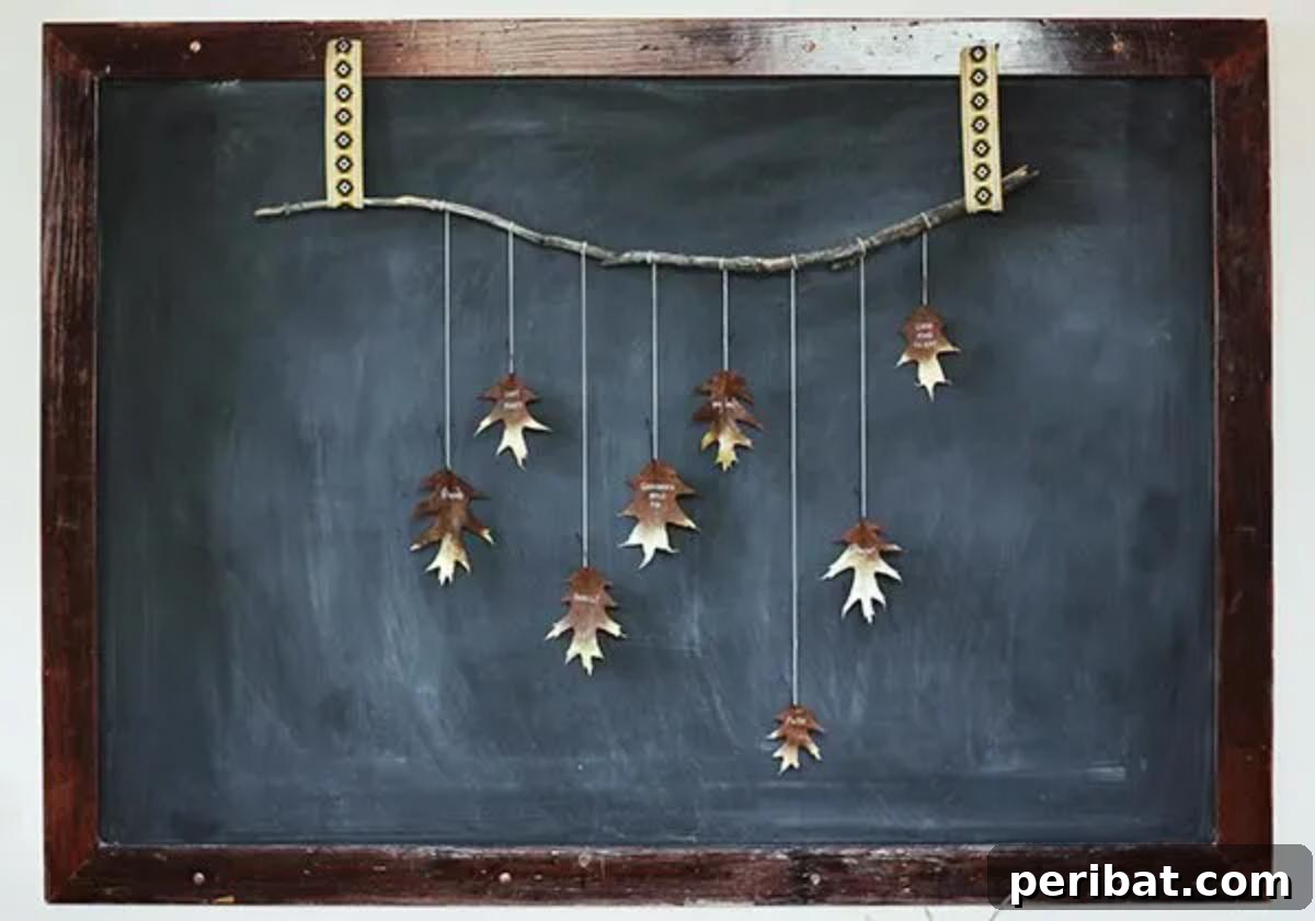 A heartfelt DIY 'Giving Thanks' golden leaf garland, with each leaf bearing a message of gratitude, creating a reflective and festive decoration for seasonal gatherings.