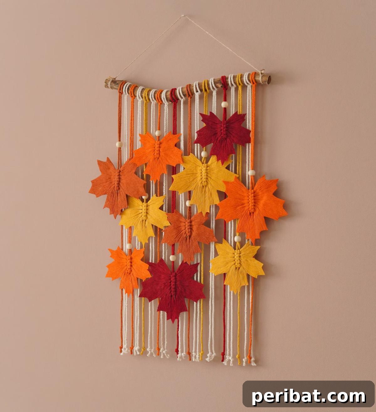 Bohemian-inspired macrame leaves wall art, intricately woven with natural fibers, perfect for adding a touch of rustic beauty and cozy texture to farmhouse or boho decor.