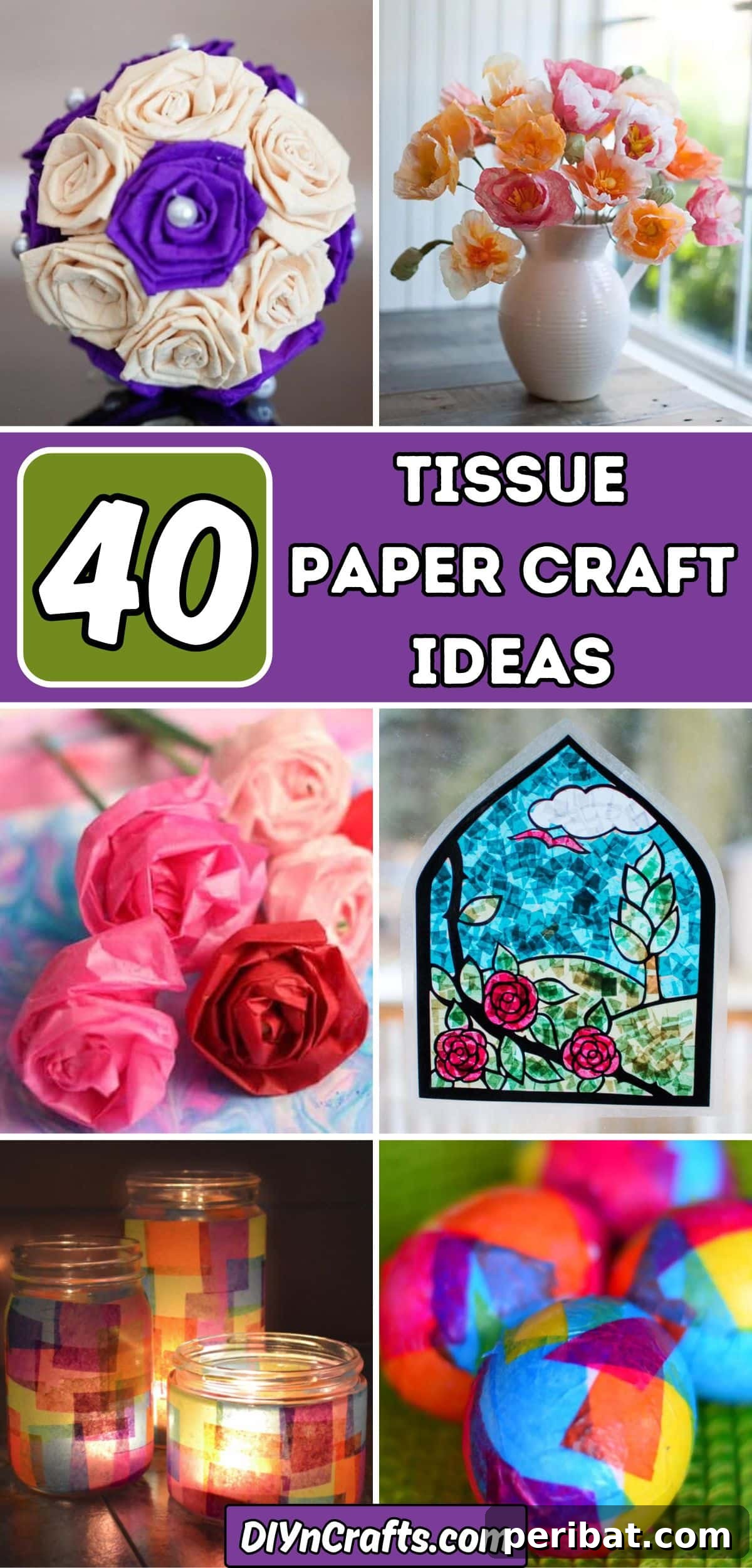 Vibrant Tissue Paper Crafts: 40 DIY Ideas 2 40 Tissue Paper Craft Ideas collage. A vibrant collection of tissue paper crafts including flowers, garlands, suncatchers, and butterflies, showcasing various colors and textures.