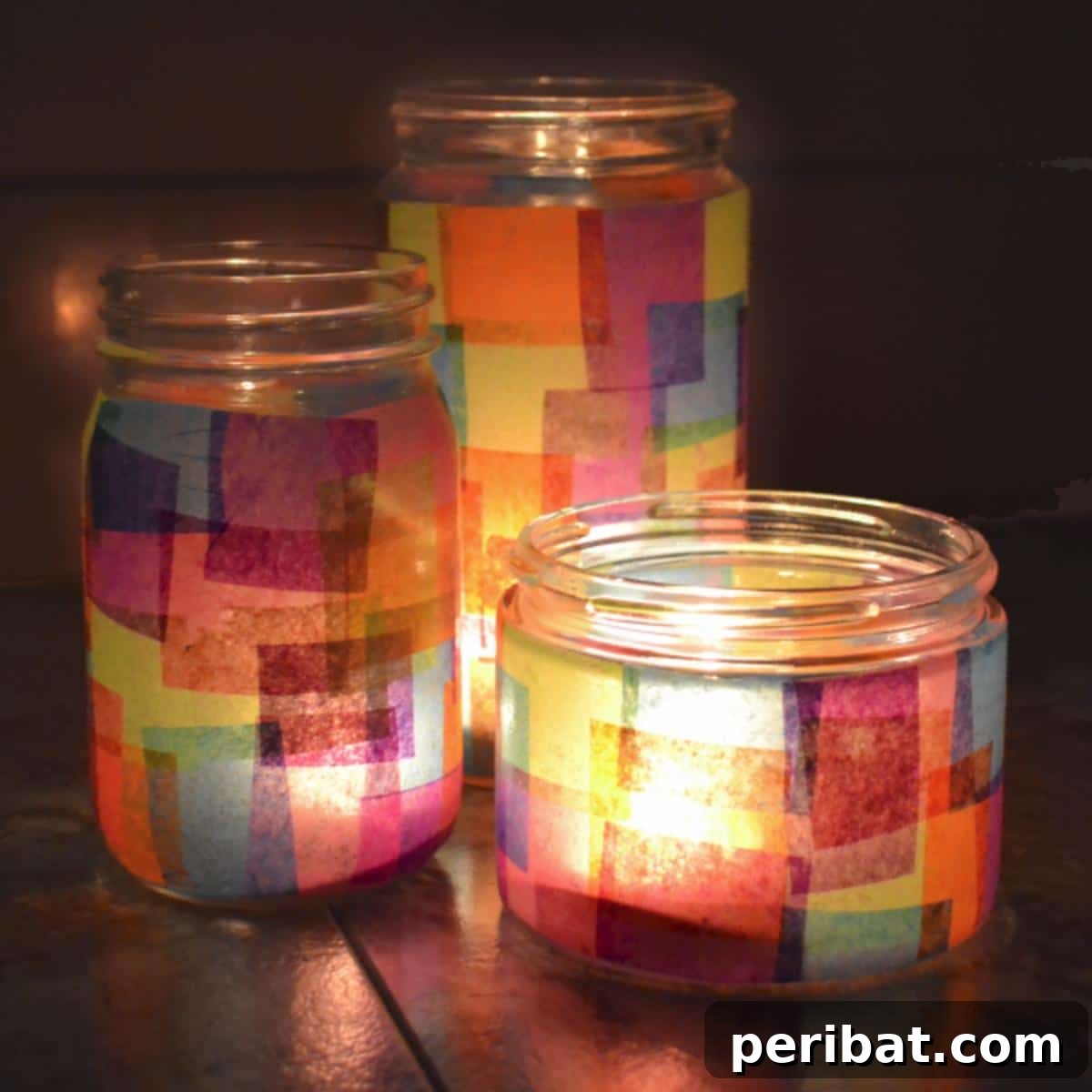 Vibrant Tissue Paper Crafts: 40 DIY Ideas 11 DIY Faux Stained Glass Recycled Jars. Recycled glass jars adorned with colorful tissue paper in a mosaic pattern, creating a faux stained glass effect, perfect for illuminating spaces.