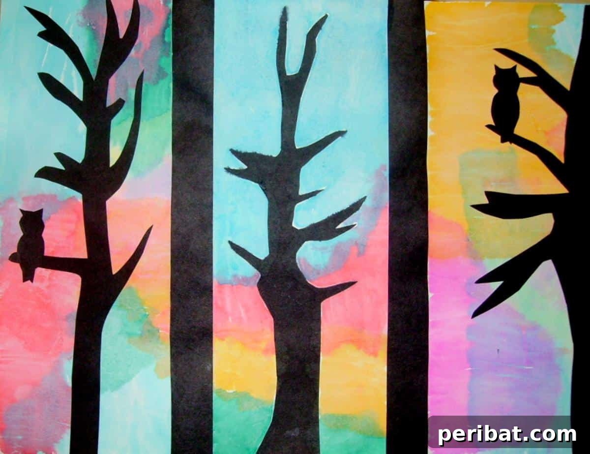 Vibrant Tissue Paper Crafts: 40 DIY Ideas 13 Tri-Panel Silhouette. A striking artwork featuring a tri-panel silhouette against a vibrant, layered background of crumpled, colored tissue paper, creating a sunset effect.