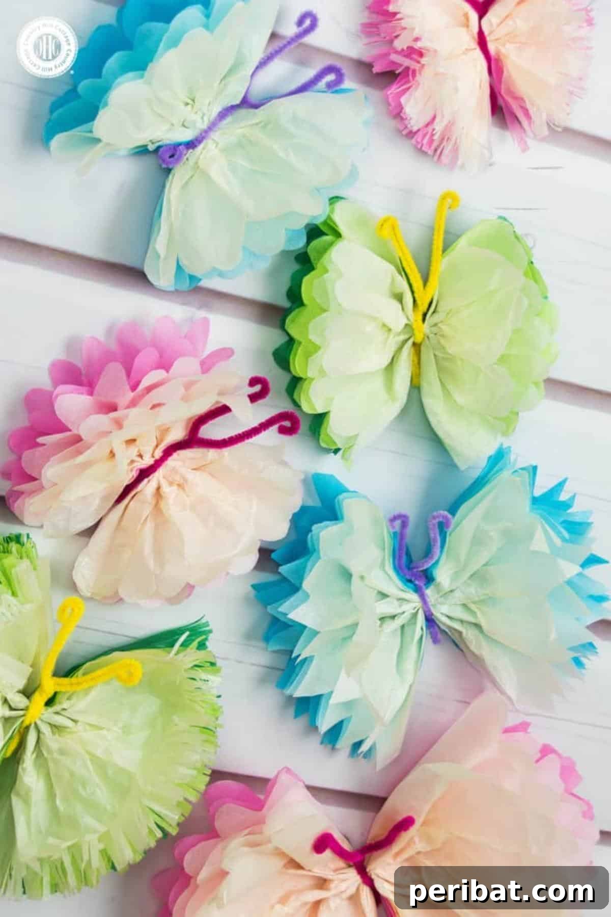 Vibrant Tissue Paper Crafts: 40 DIY Ideas 18 Tissue Paper Butterflies. A cluster of delicate, colorful tissue paper butterflies in various sizes, appearing to flutter gracefully, perfect for decorative accents.