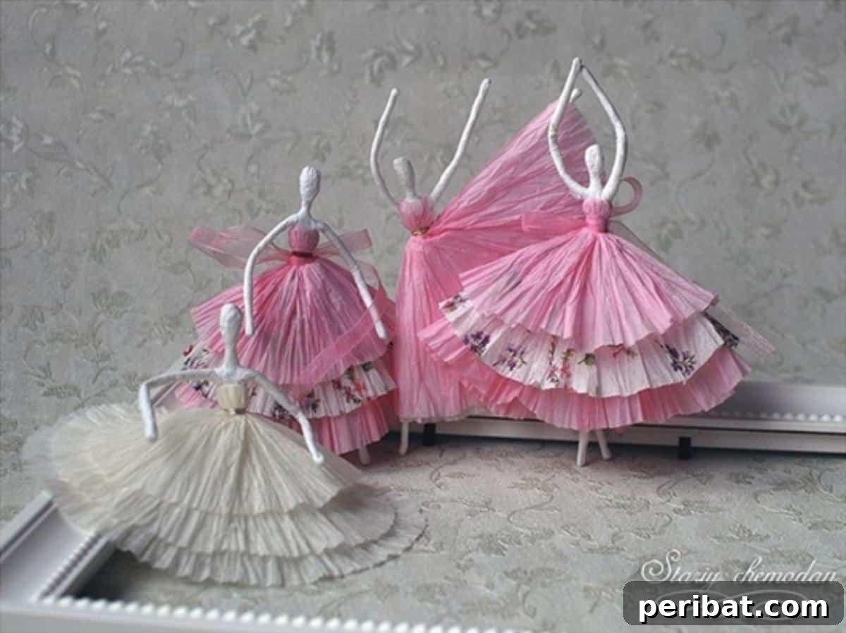 Vibrant Tissue Paper Crafts: 40 DIY Ideas 20 DIY Tissue Paper Ballerinas. A graceful DIY tissue paper ballerina with a flowing skirt, poised as if dancing, adding a touch of elegance to any room.