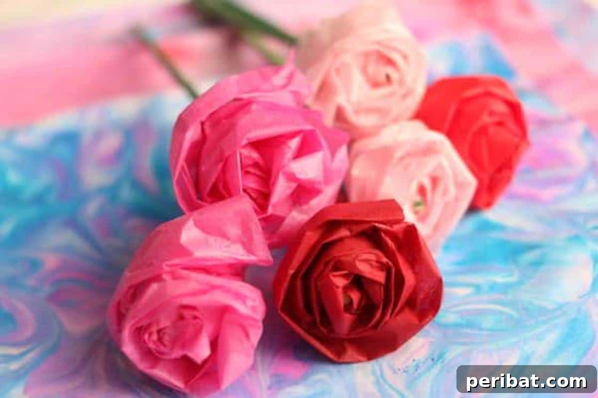 Vibrant Tissue Paper Crafts: 40 DIY Ideas 25 Easy Tissue Paper Rose Craft for Kids. A child's hand holding a beautifully crafted, vibrant tissue paper rose, demonstrating the simplicity and joy of this kids' craft.