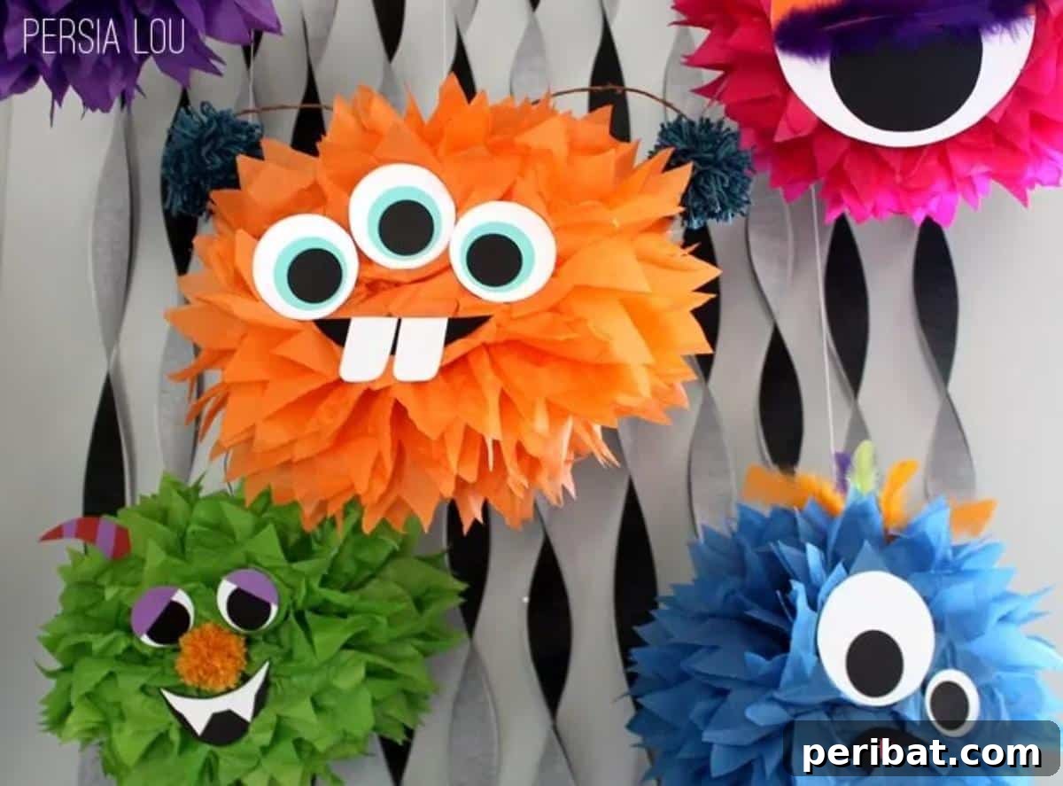 Vibrant Tissue Paper Crafts: 40 DIY Ideas 27 Monstrous Tissue Pom Poms. Playful and quirky pom-poms made from tissue paper, adorned with googly eyes and teeth, designed as friendly monsters for Halloween decor.