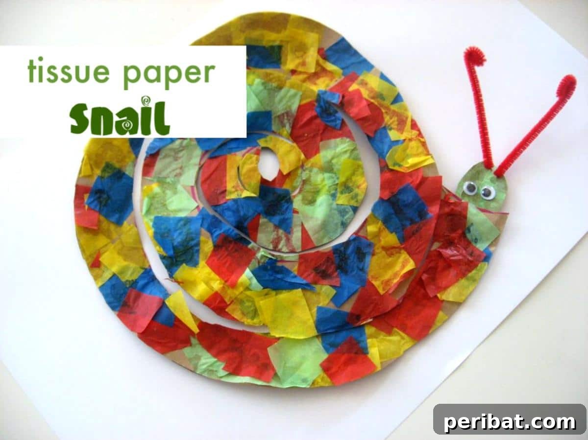 Vibrant Tissue Paper Crafts: 40 DIY Ideas 28 Tissue Paper Snail Craft. A cute snail craft with a colorful, spiraled shell made from tissue paper, ideal for young children's creative exploration and fine motor skills.
