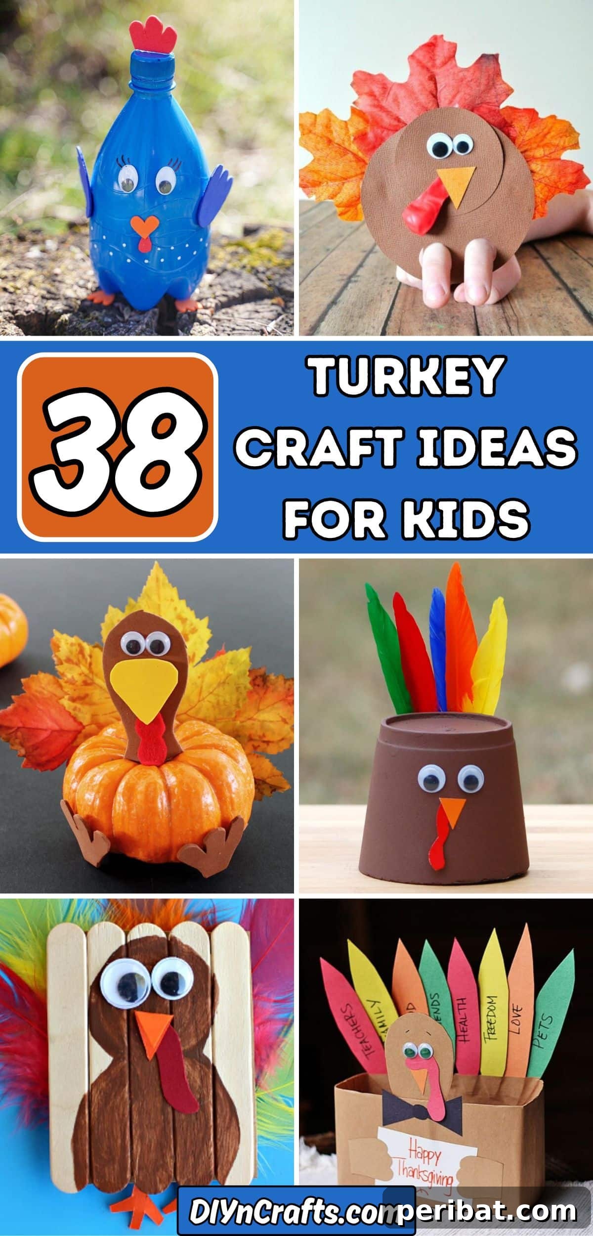 38 Turkey Craft Ideas for Kids collage showcasing various creative and fun turkey crafts for children.