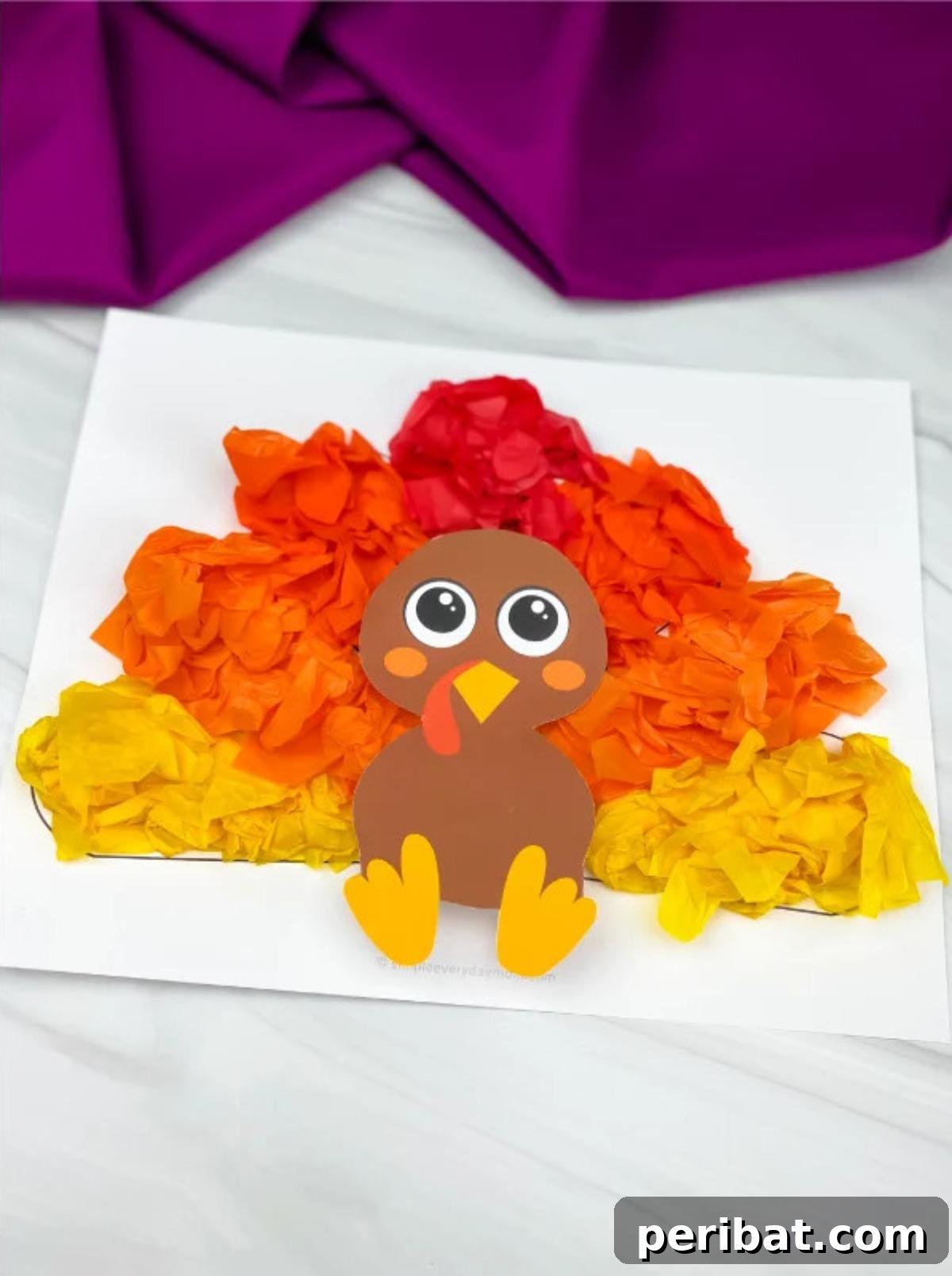A colorful turkey craft made from tissue paper, ideal for kids.