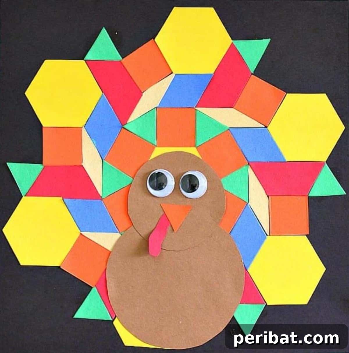 A pattern block turkey craft, combining fun crafting with educational elements for kids.