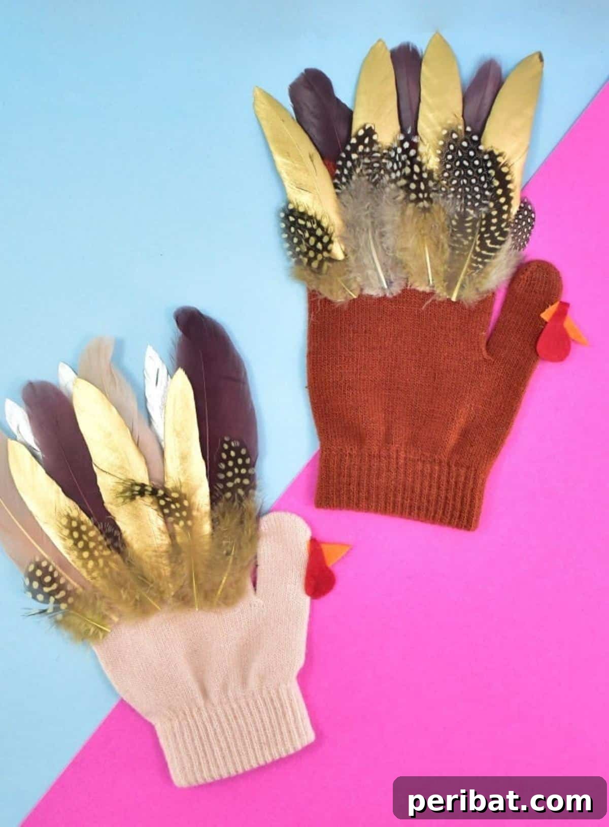 A charming turkey puppet created from a basic glove and decorated with feathers.
