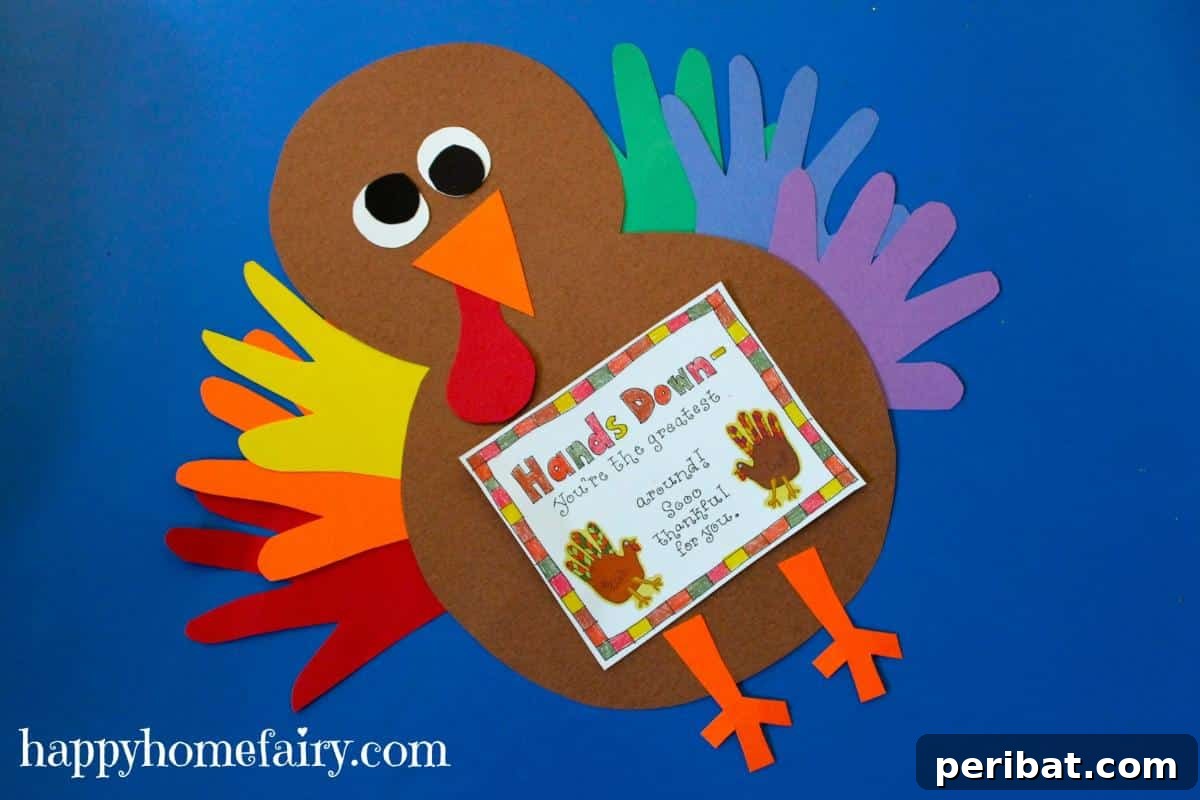 A thankful handprint turkey craft, perfect for capturing memories and decorating for Thanksgiving.