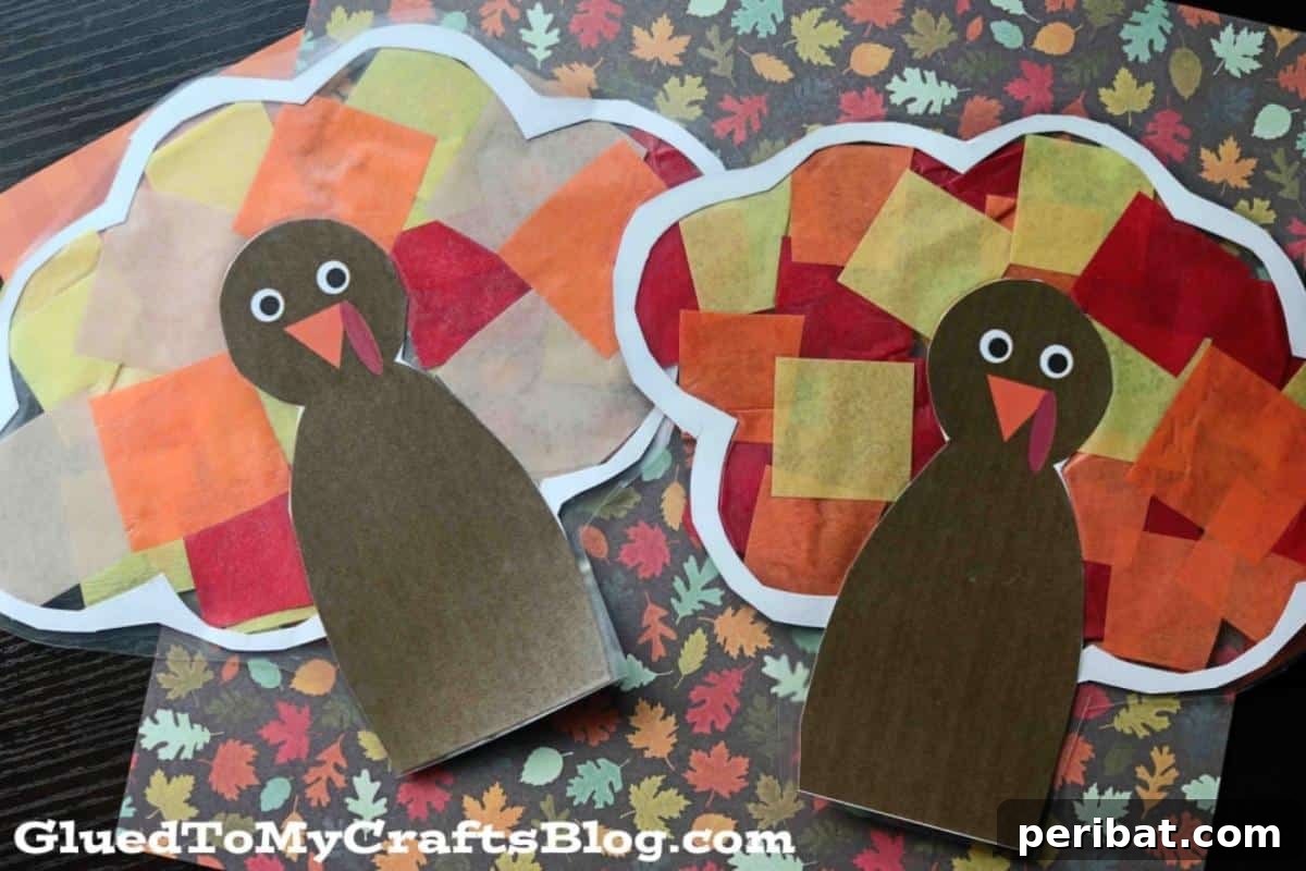 A stained glass turkey suncatcher craft, creating colorful light effects.