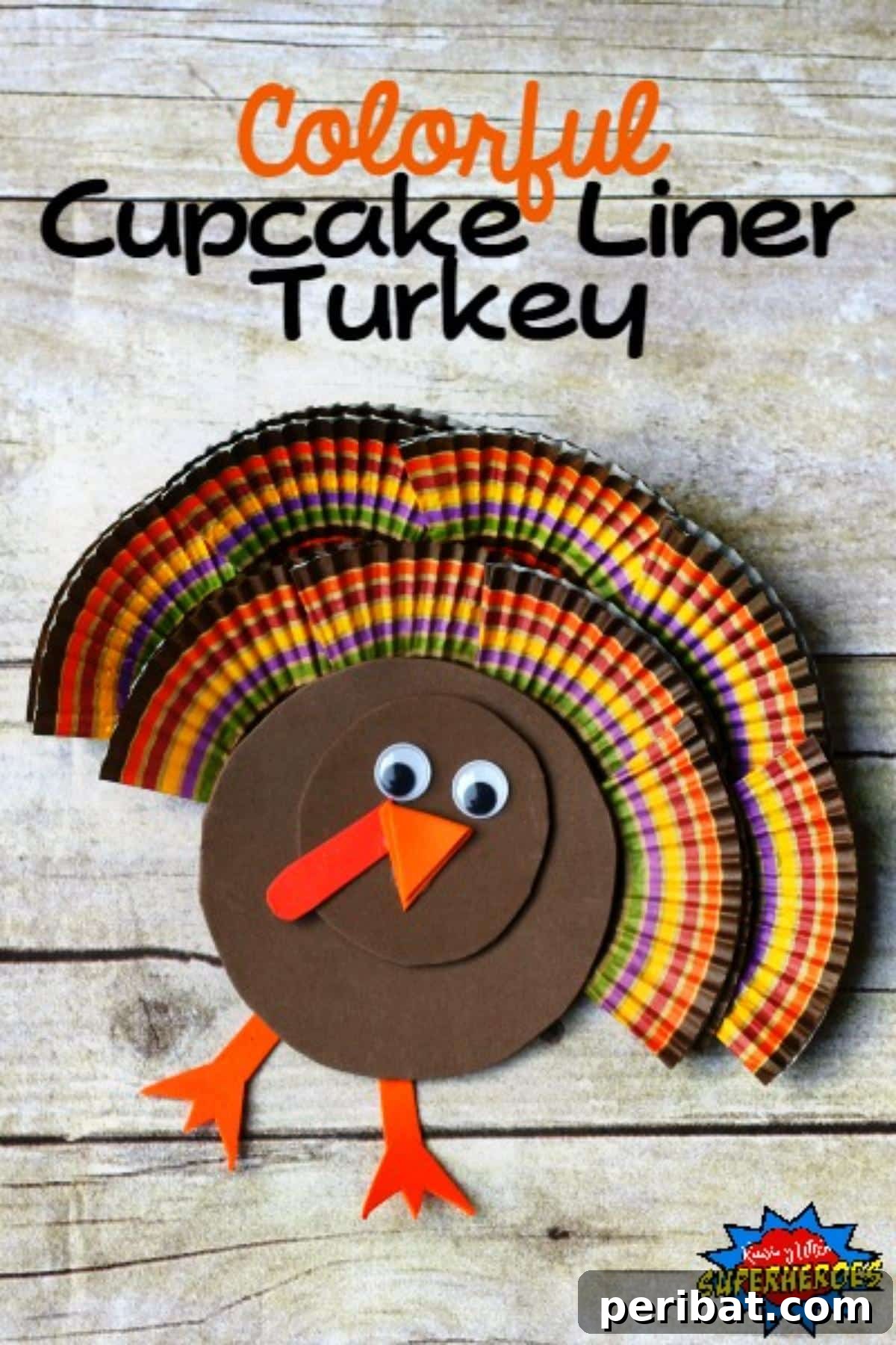 A turkey craft with vibrant feathers made from colorful cupcake liners.