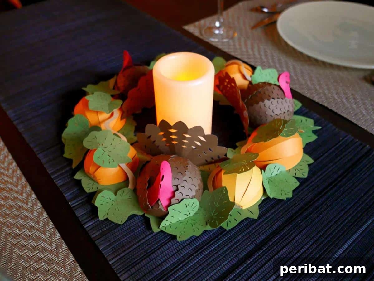 A Thanksgiving table centerpiece featuring adorable turkeys peeking out from a pumpkin patch.