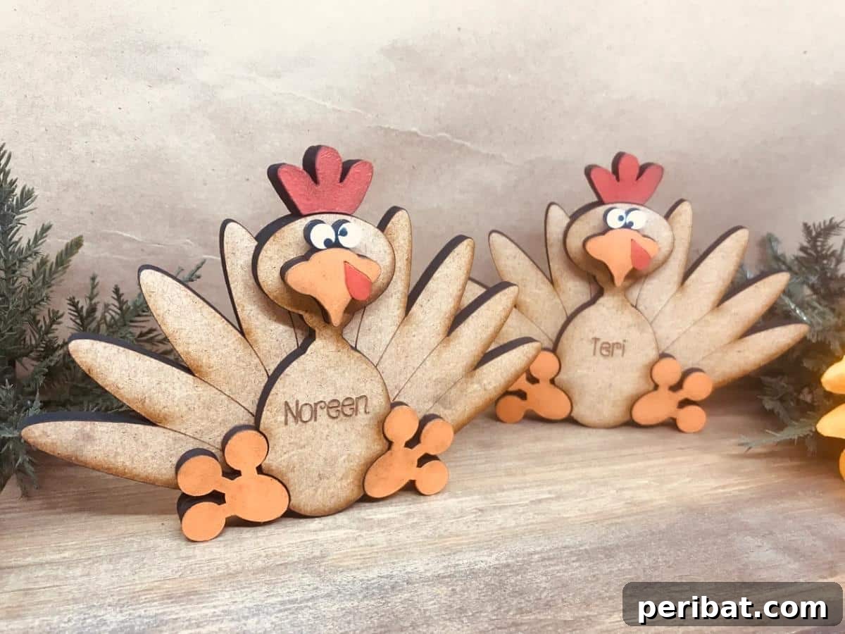 A personalizable turkey place card kit, perfect for customizing a Thanksgiving table.