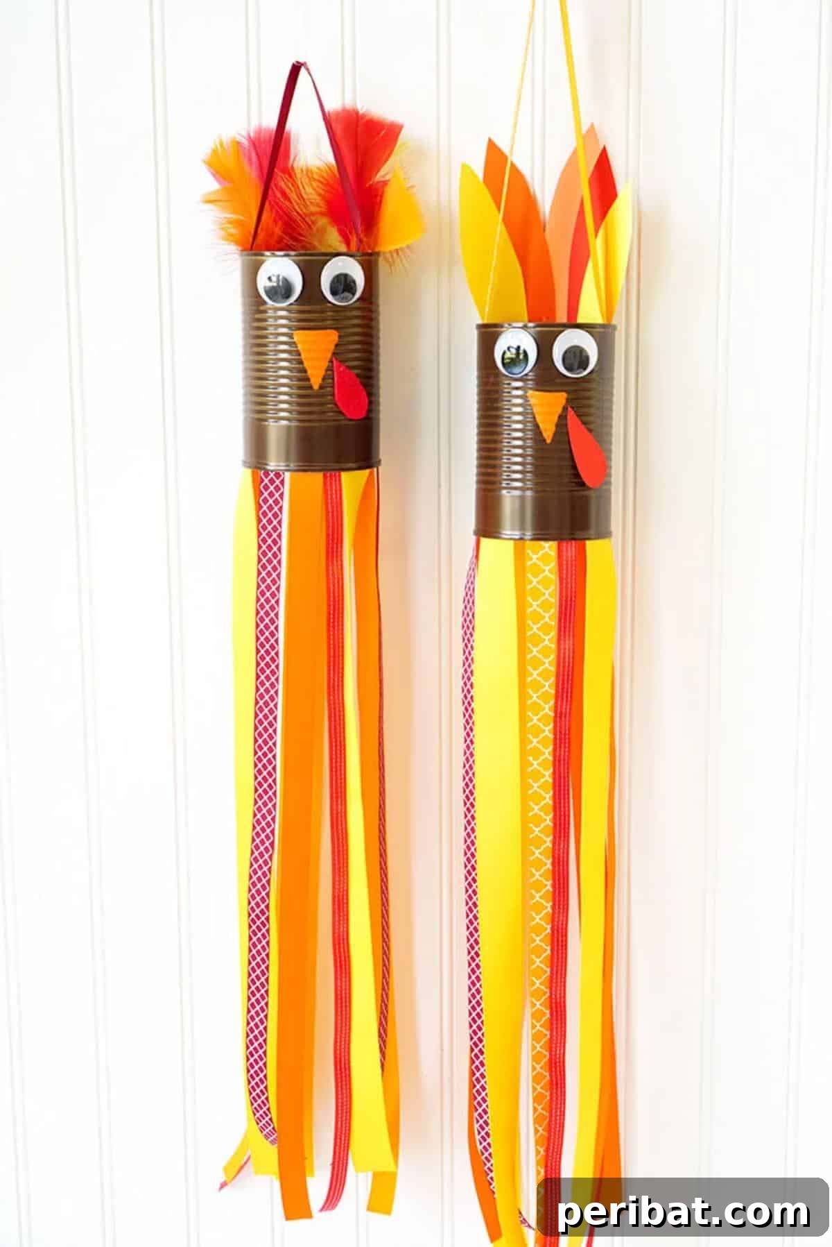 Colorful turkey windsocks made from recycled materials.