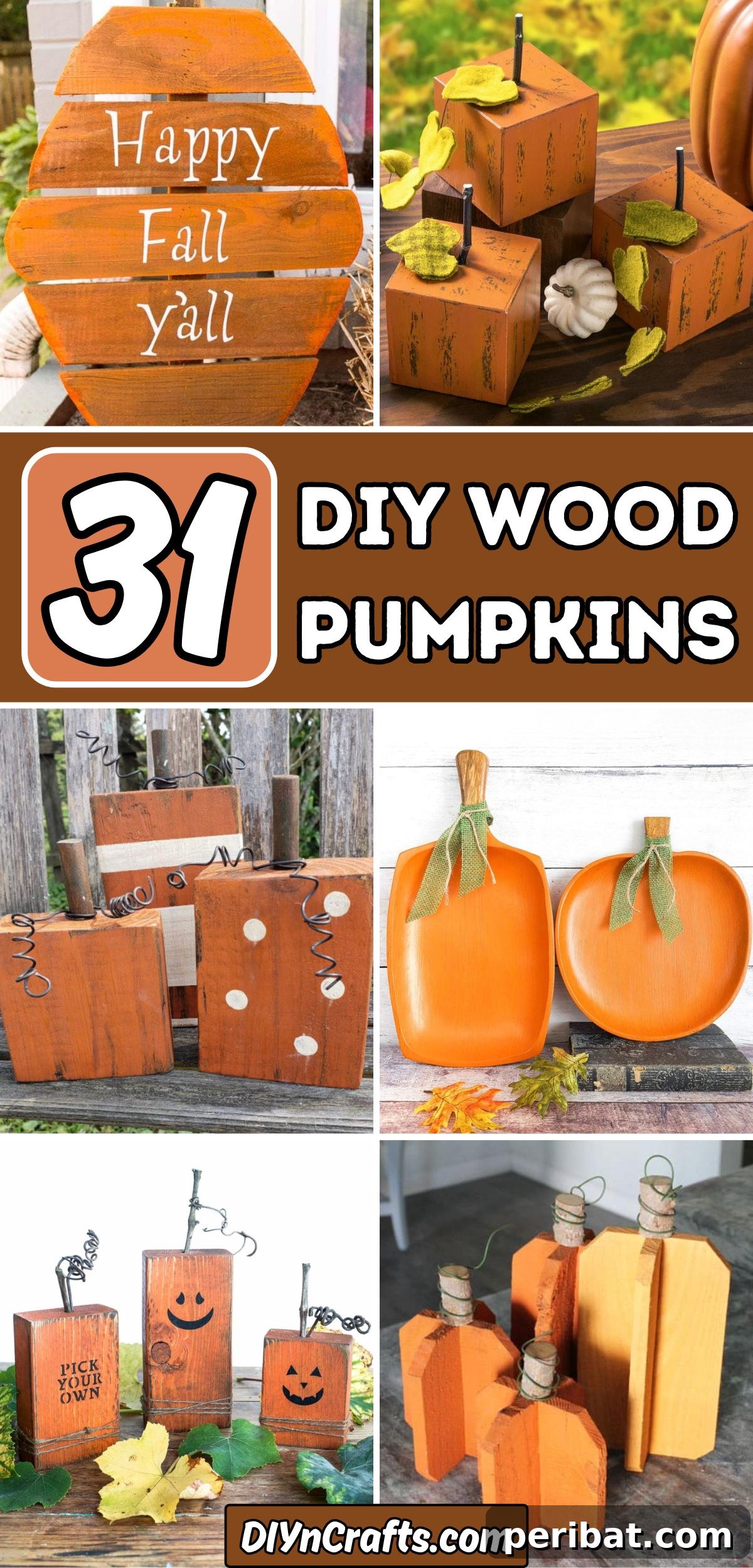 Simple Wooden Pumpkin Crafts for Autumn Decor 2 A collage featuring various styles of 31 DIY wood pumpkins for fall decor inspiration.