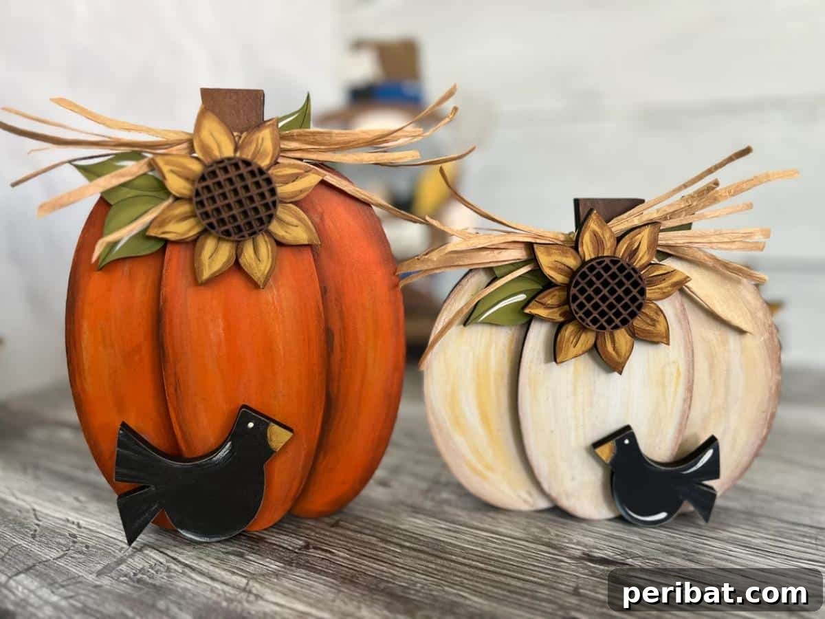 Simple Wooden Pumpkin Crafts for Autumn Decor 29 Vibrant harvest pumpkins adorned with cheerful sunflowers crafts.
