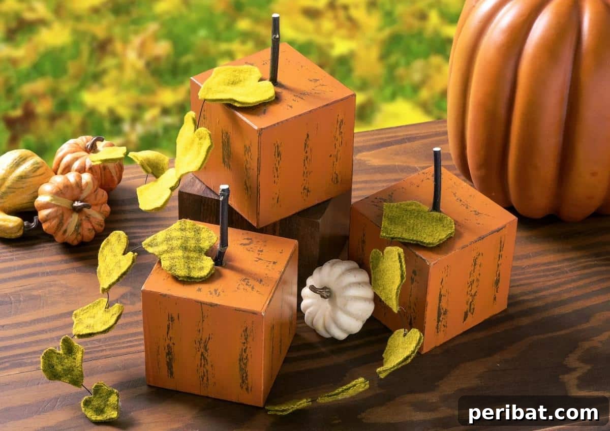 Simple Wooden Pumpkin Crafts for Autumn Decor 5 Craft store wood block pumpkins with festive autumn decorations.