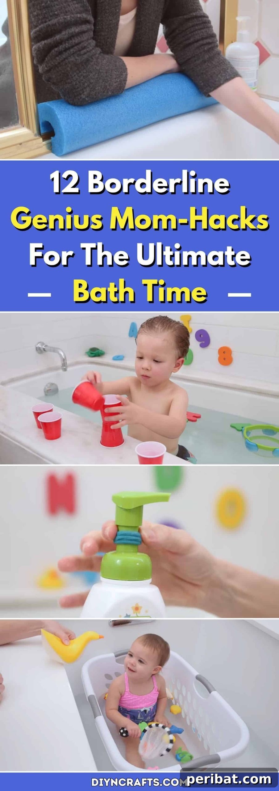 A Dozen Genius Mom Hacks for Blissful Bathtime 2 Transform bath time with genius mom hacks - a child laughing in a bathtub with bubbles and toys