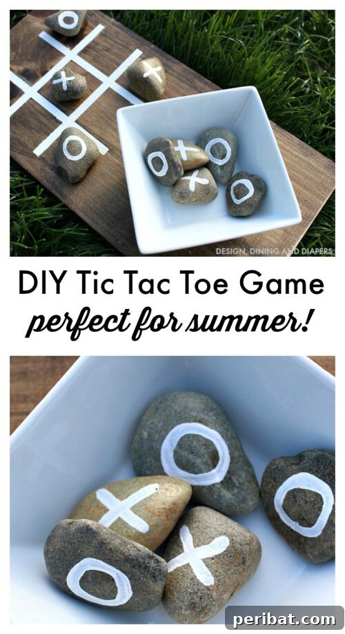 Simple outdoor tic-tac-toe game made with a wooden board and painted stones