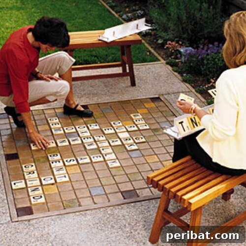 Large outdoor Scrabble game embedded into a patio with concrete tiles