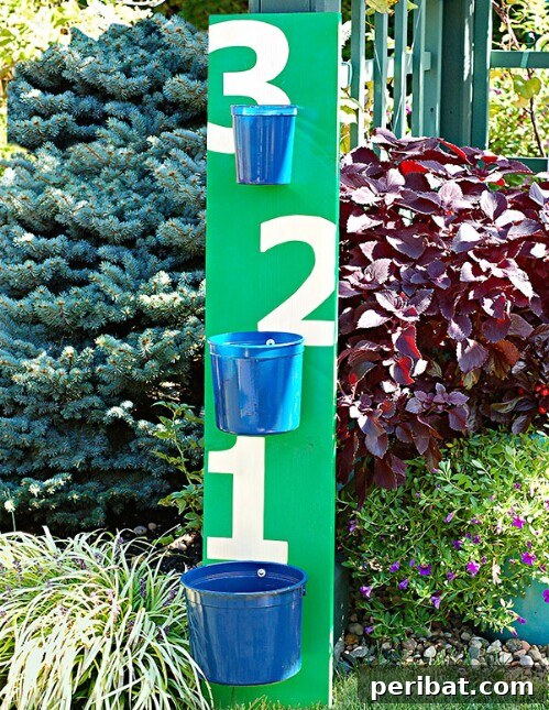 Simple ring toss game using colorful buckets as targets