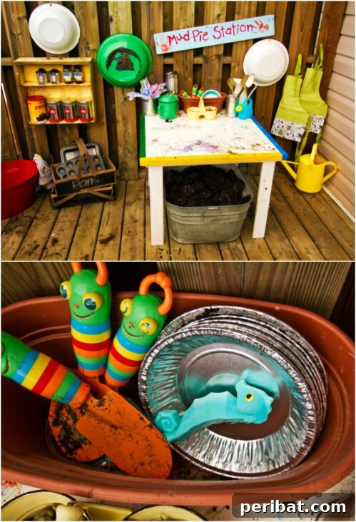 Delightful mud pie station for kids with various kitchen tools