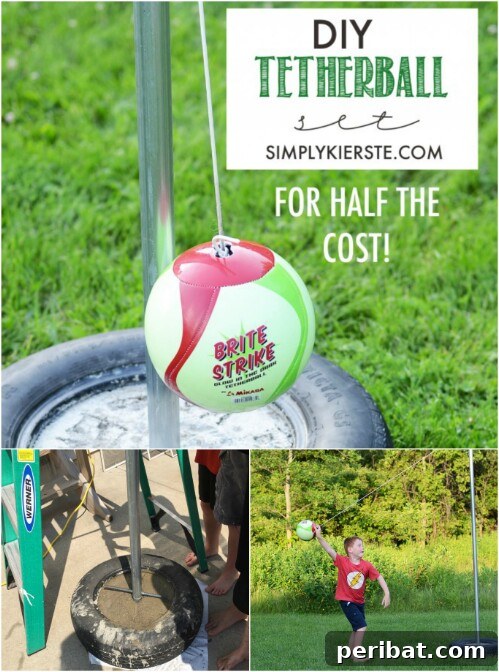 DIY tetherball setup in a backyard, ready for play