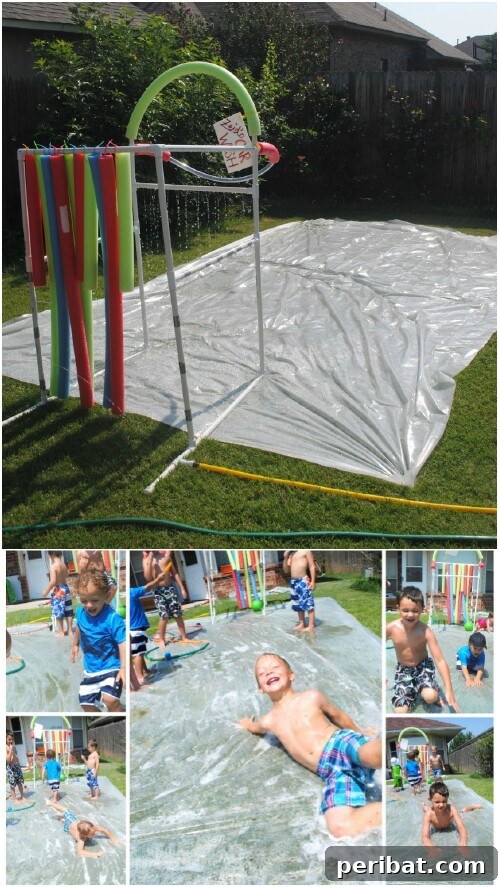 Kids laughing and sliding on a homemade slip and slide in the backyard