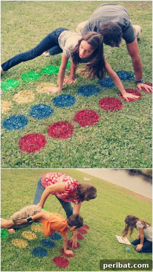 Family playing a colorful backyard Twister game painted on the grass