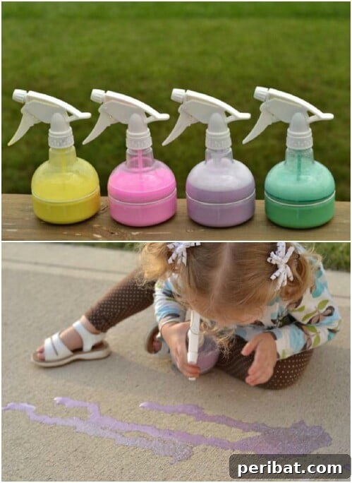 Kids creating vibrant designs with homemade chalk spray bottles