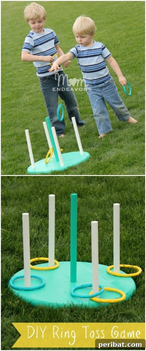 Handmade wooden ring toss game with colorful rings