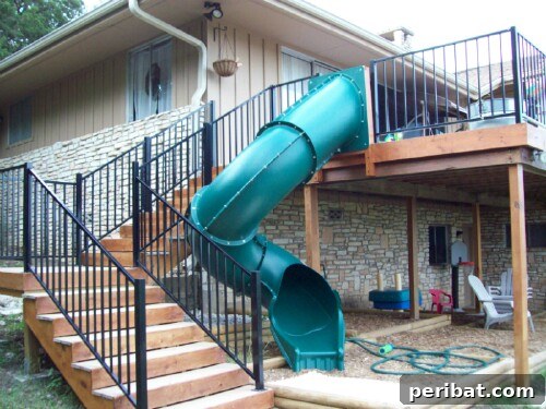 Exciting tube slide attached to an outdoor deck for kids