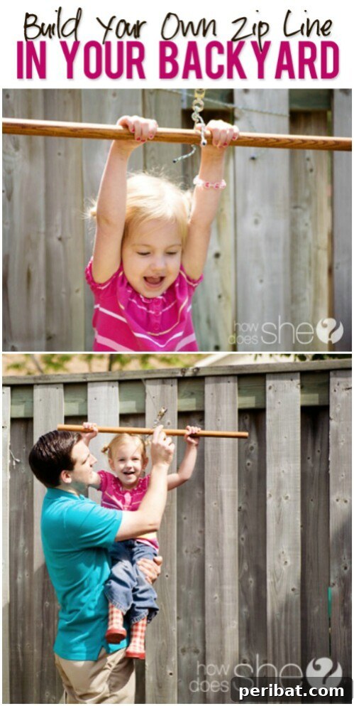 Child joyfully riding a DIY backyard zip line between trees