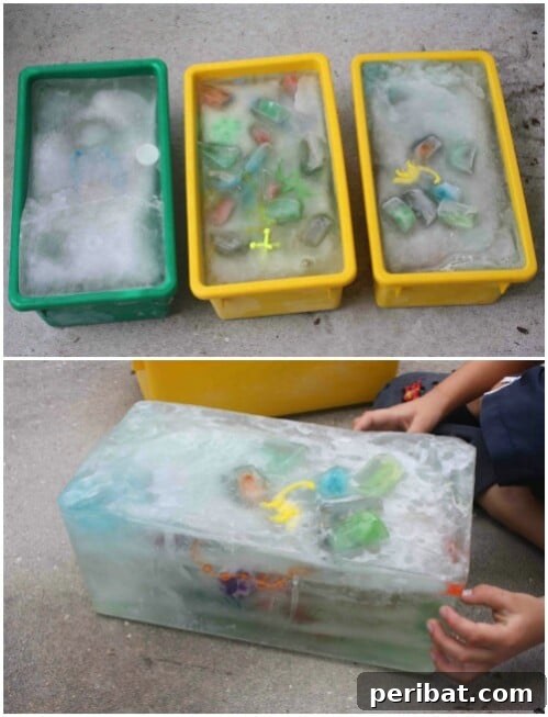 Kids excavating toys from a large ice block in a treasure hunt