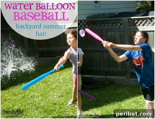 Kids playing water balloon baseball with a bat