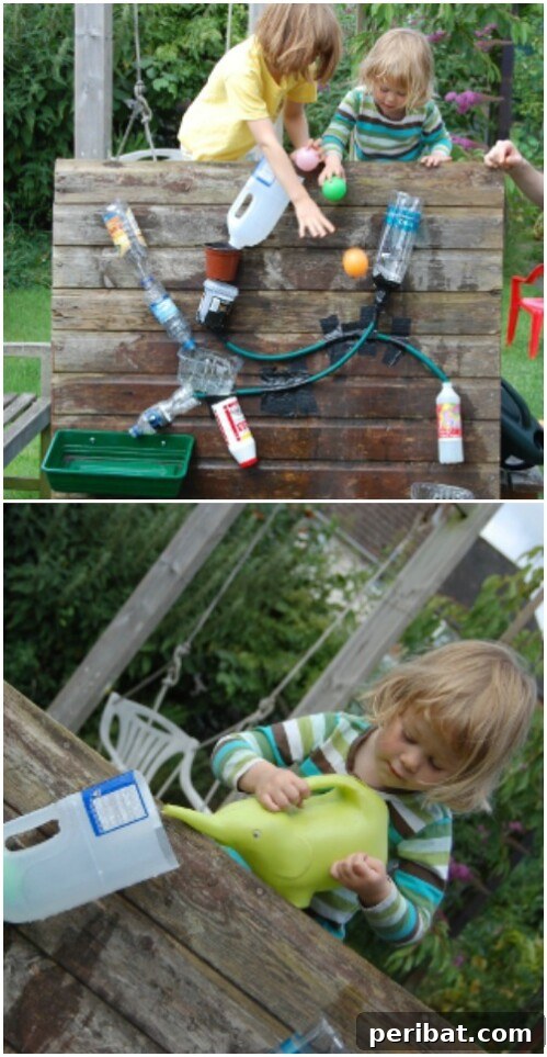 Kids playing with a fascinating DIY water wall made from recycled materials