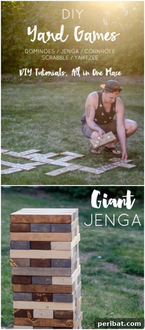 Family playing with a towering DIY giant Jenga game in the backyard