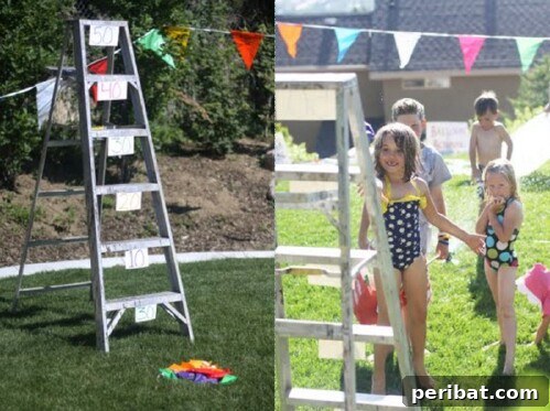 Kids playing bean bag ladder toss game in a sunny backyard