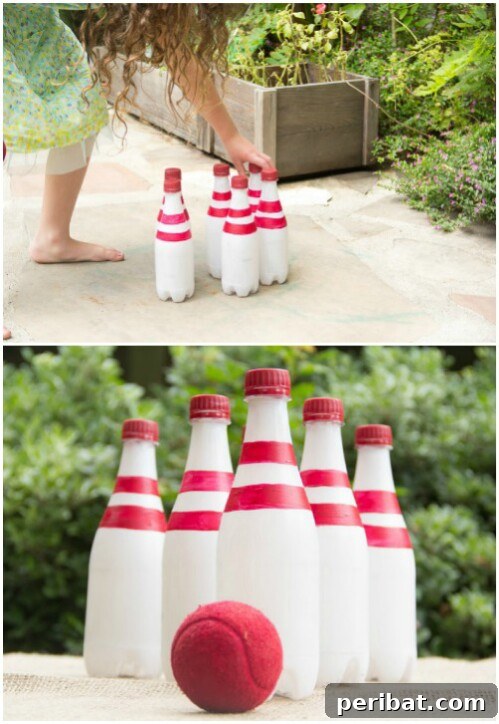 Colorful bowling pins made from recycled plastic bottles