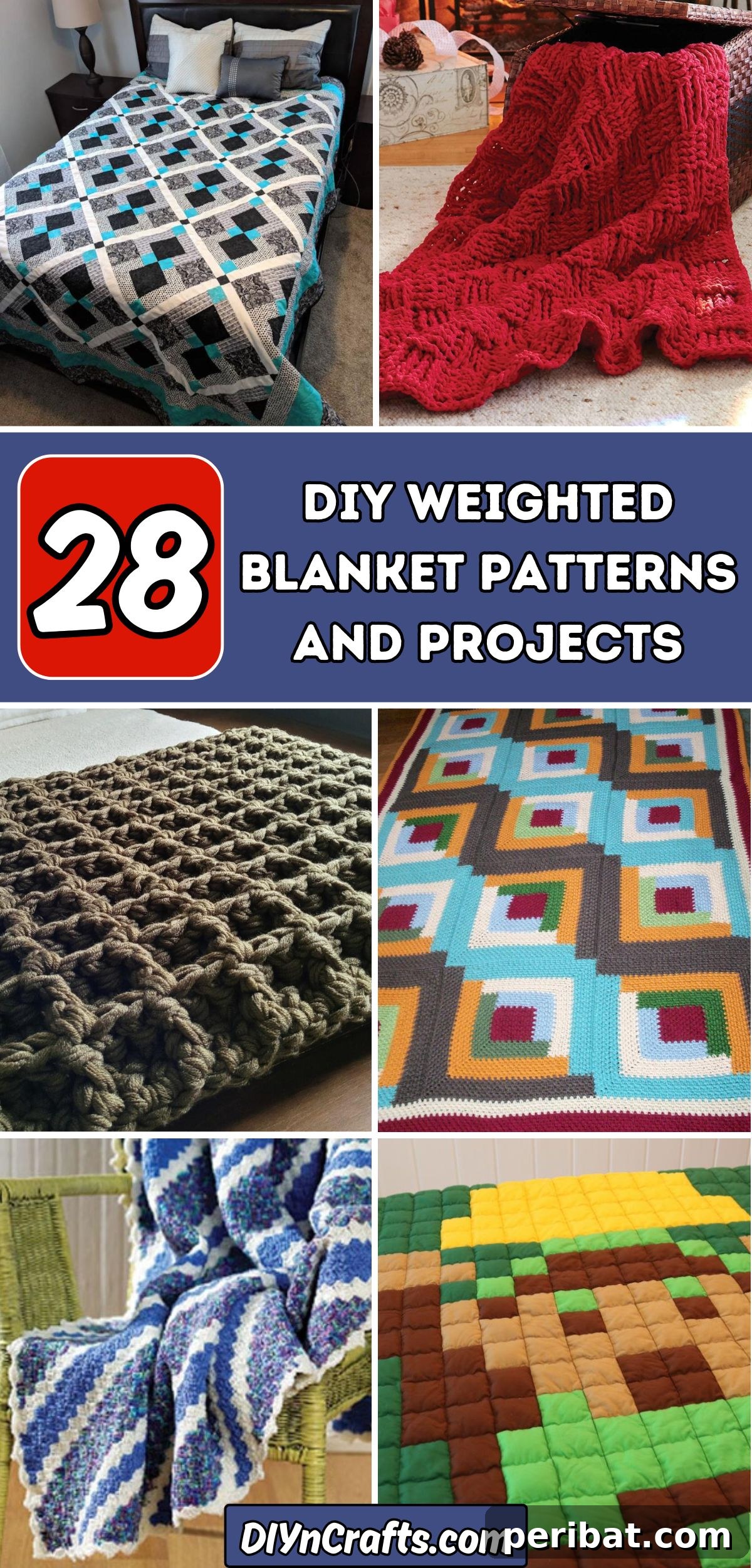 28 Soothing DIY Weighted Blanket Projects 2 A vibrant collage showcasing 28 diverse DIY weighted blanket patterns and projects, inspiring creativity and comfort.