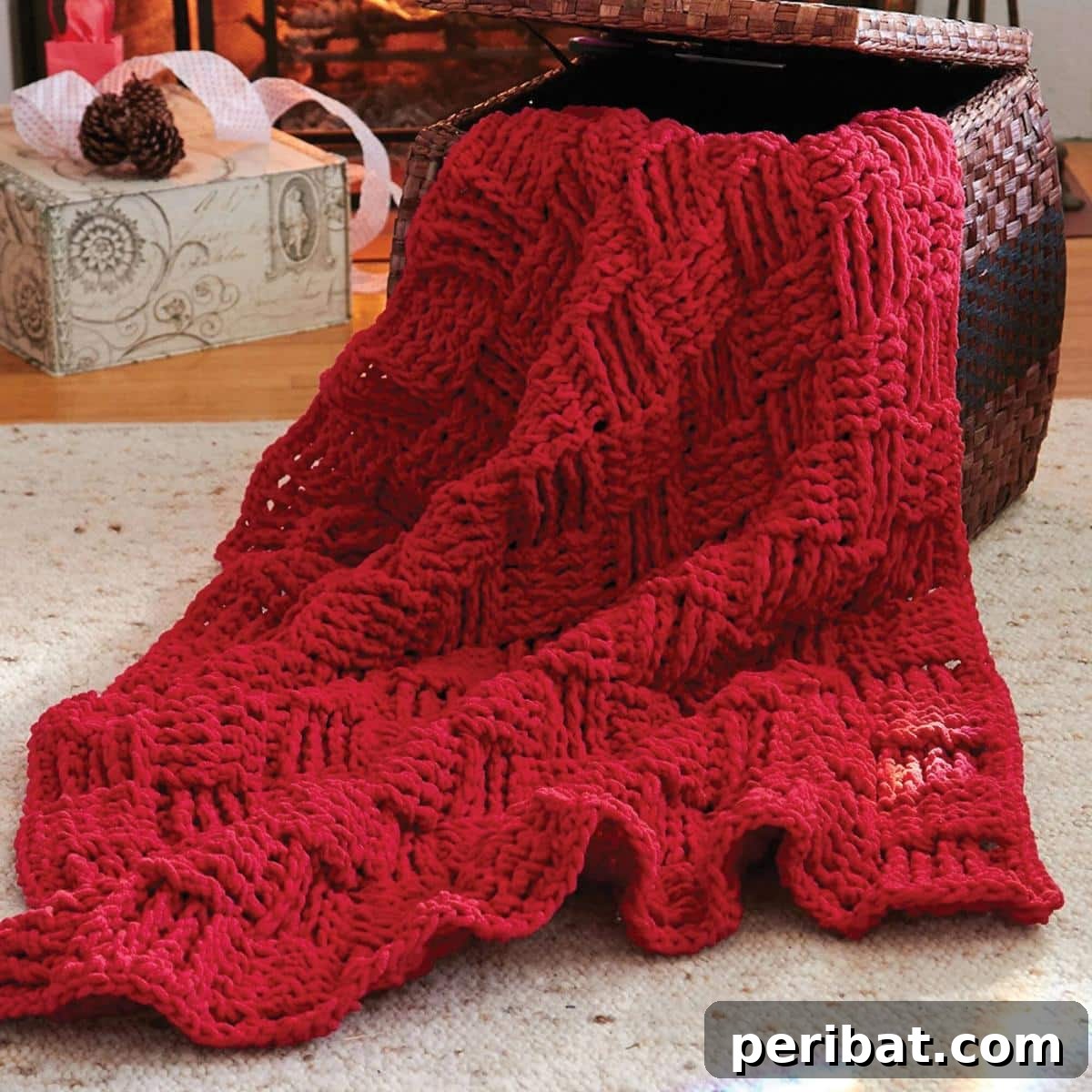 28 Soothing DIY Weighted Blanket Projects 23 A richly textured Bernat Basket Weave Weighted Blanket, highlighting the intricate crochet or knit pattern.