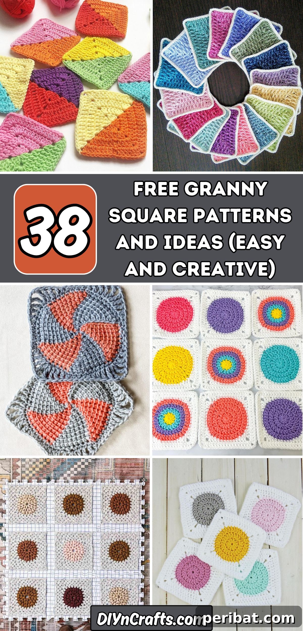 A vibrant collage showcasing 38 diverse and creative free granny square patterns.