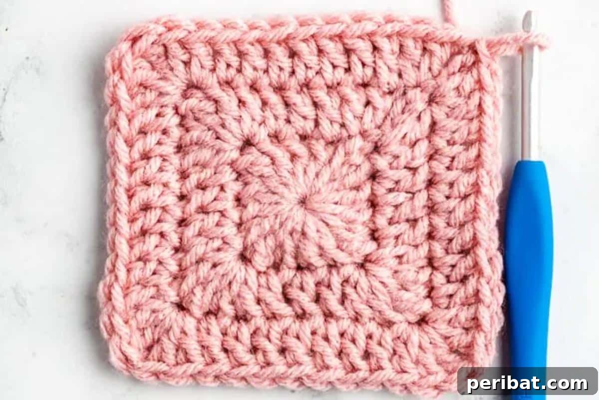 A perfectly crocheted Solid Granny Square with No Gaps, demonstrating a neat and tight finish.