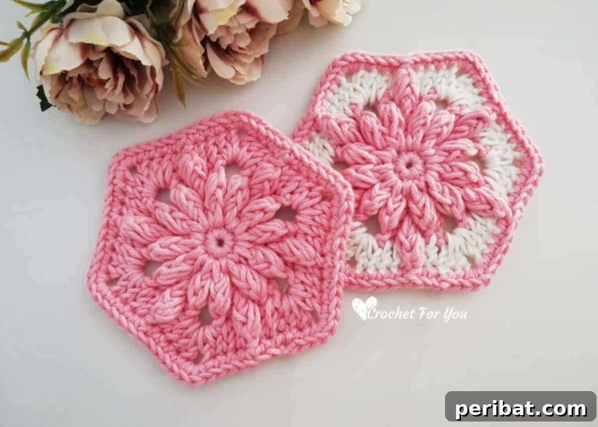 A whimsical Bobble Drops Flower Hexagon, featuring textured bobbles and a blooming flower design.